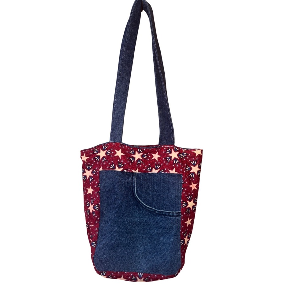 Handmade Americana Star Patchwork Denim Tote Bag Blue Red OS Upcycled Style